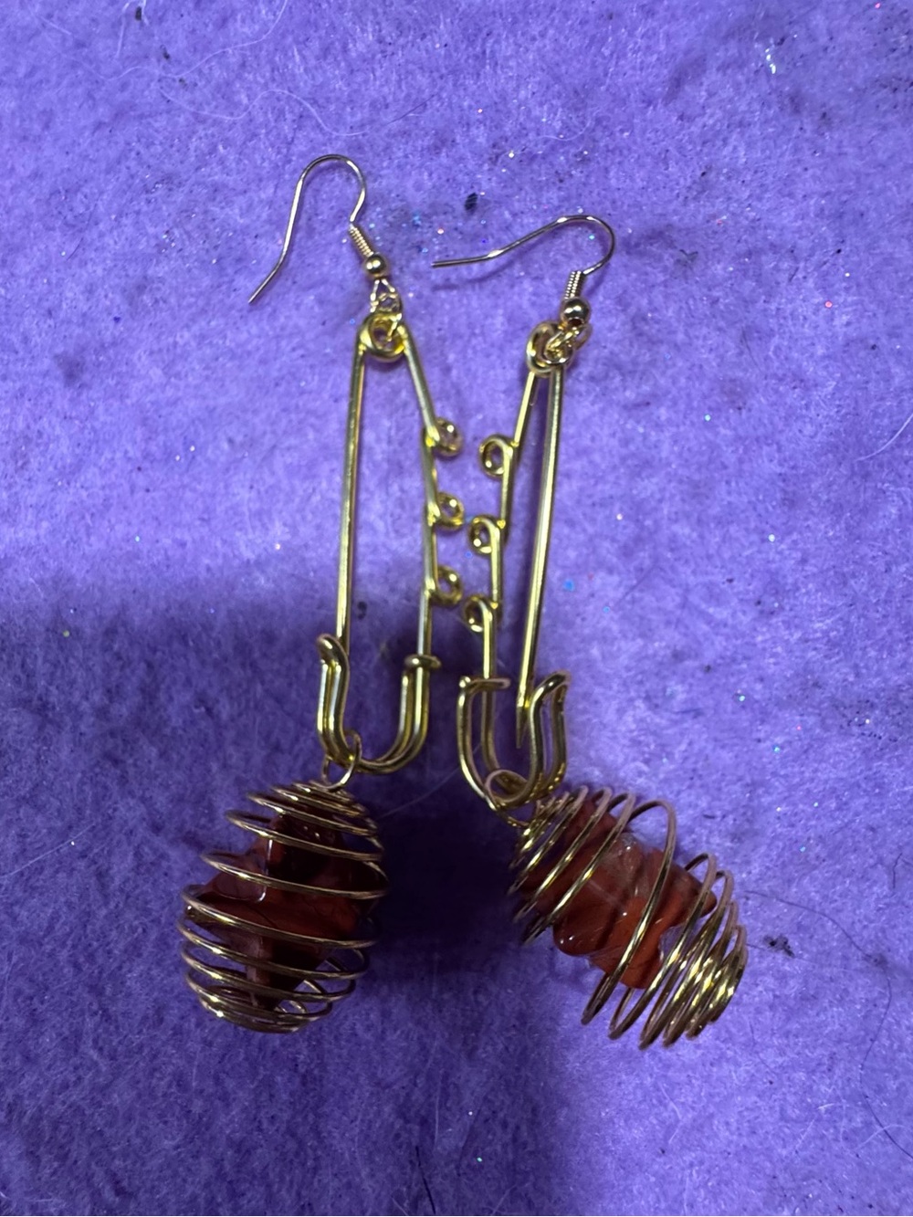 Golden safety pin Earrings with Red aventurine spiked stone in golden cage